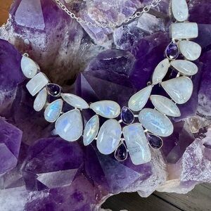Moonstone and Amethyst  Silver and Purple Gemstone Necklace